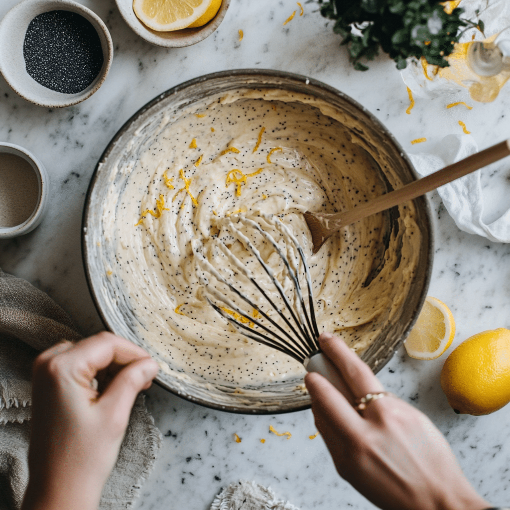 Mixing lemon poppyseed pancake batter with visible ingredients