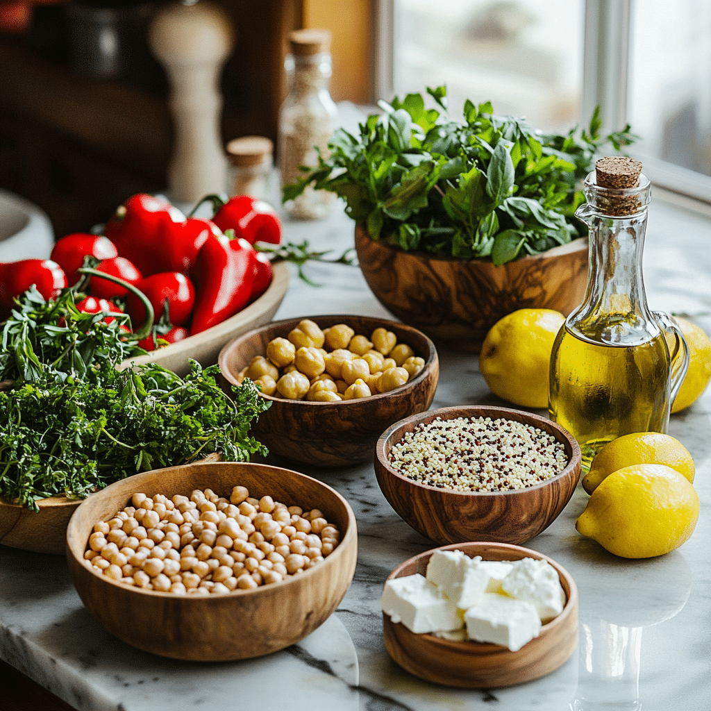 Mediterranean bowl recipe ingredients organized for healthy cooking
