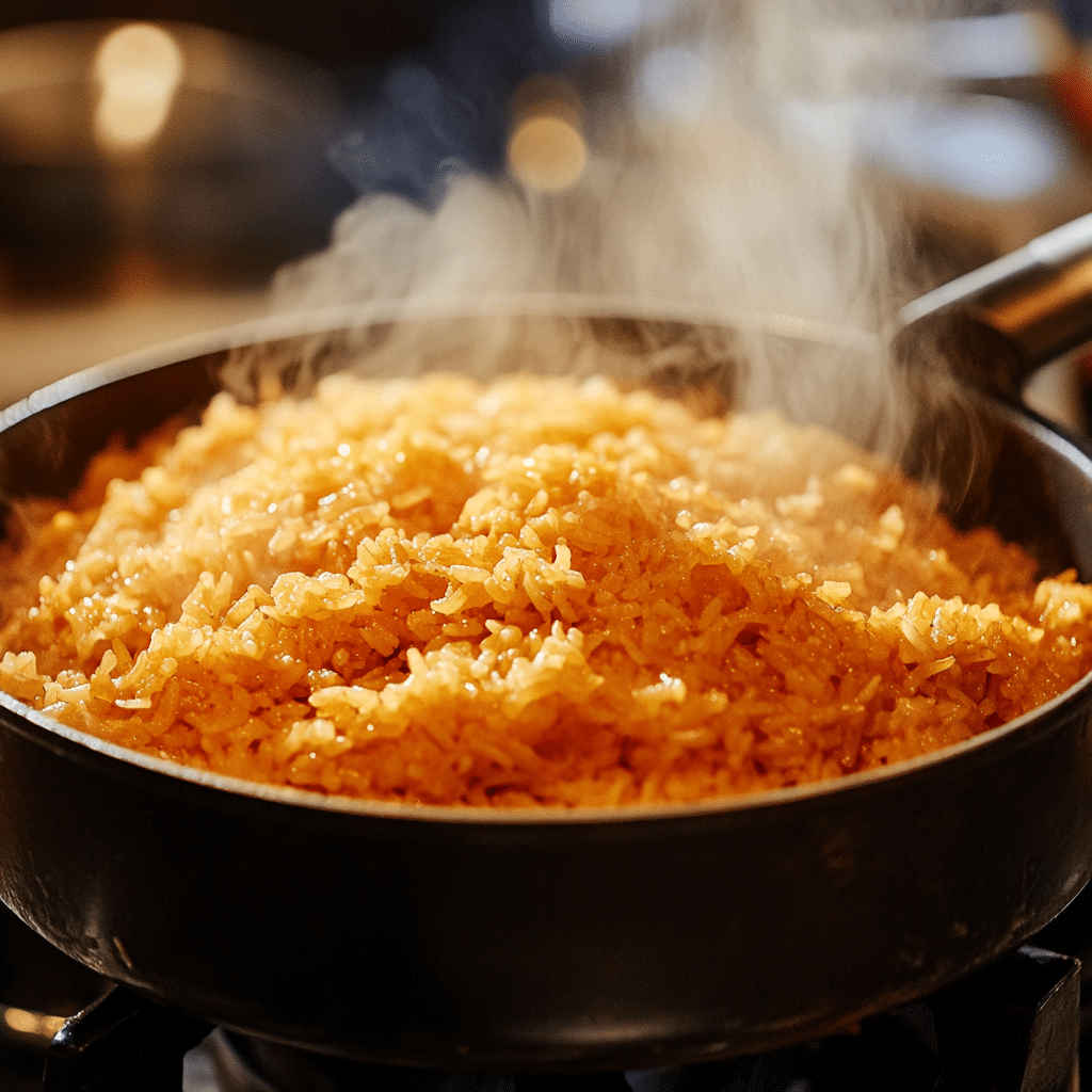 Spanish rice simmering with perfect golden color