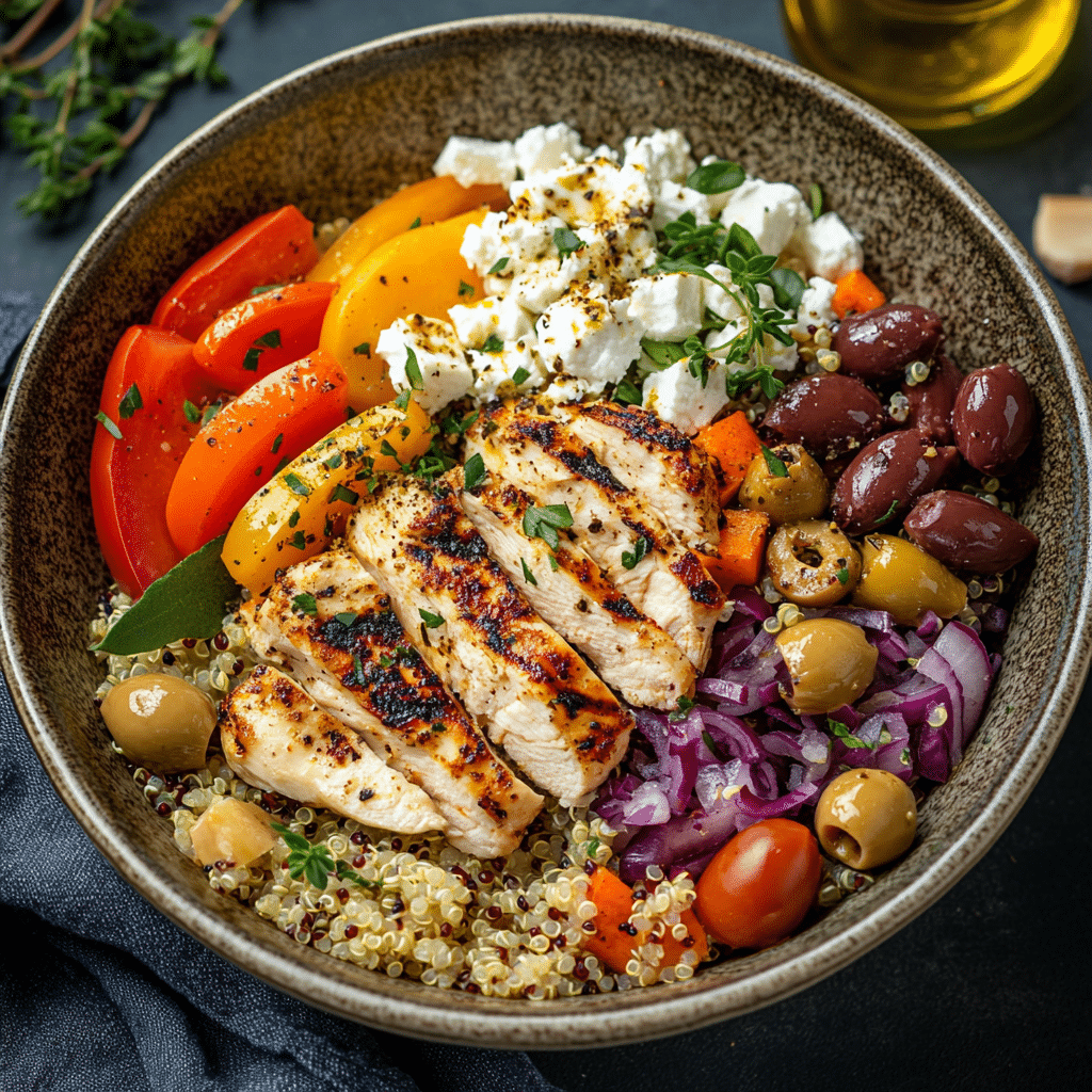 Mediterranean bowl recipe with quinoa, chicken and fresh vegetables
