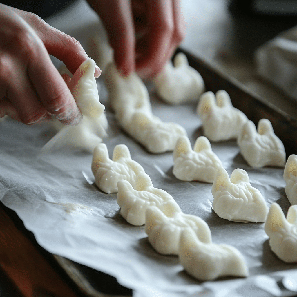 Wrapping white rabbit candy in edible rice paper with traditional technique