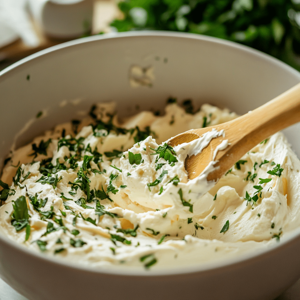 Mixing boursin cheese recipe ingredients with fresh herbs and cream cheese