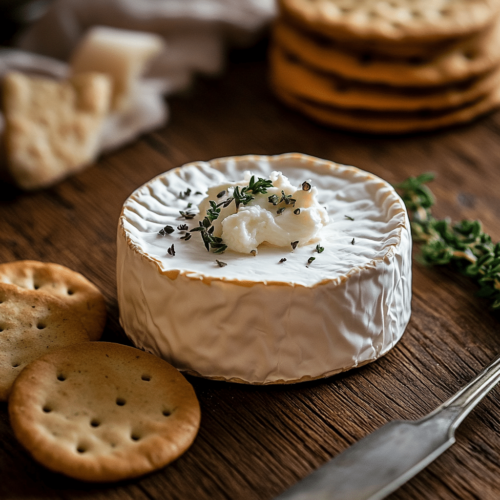 Finished boursin cheese recipe on wooden table with natural lighting