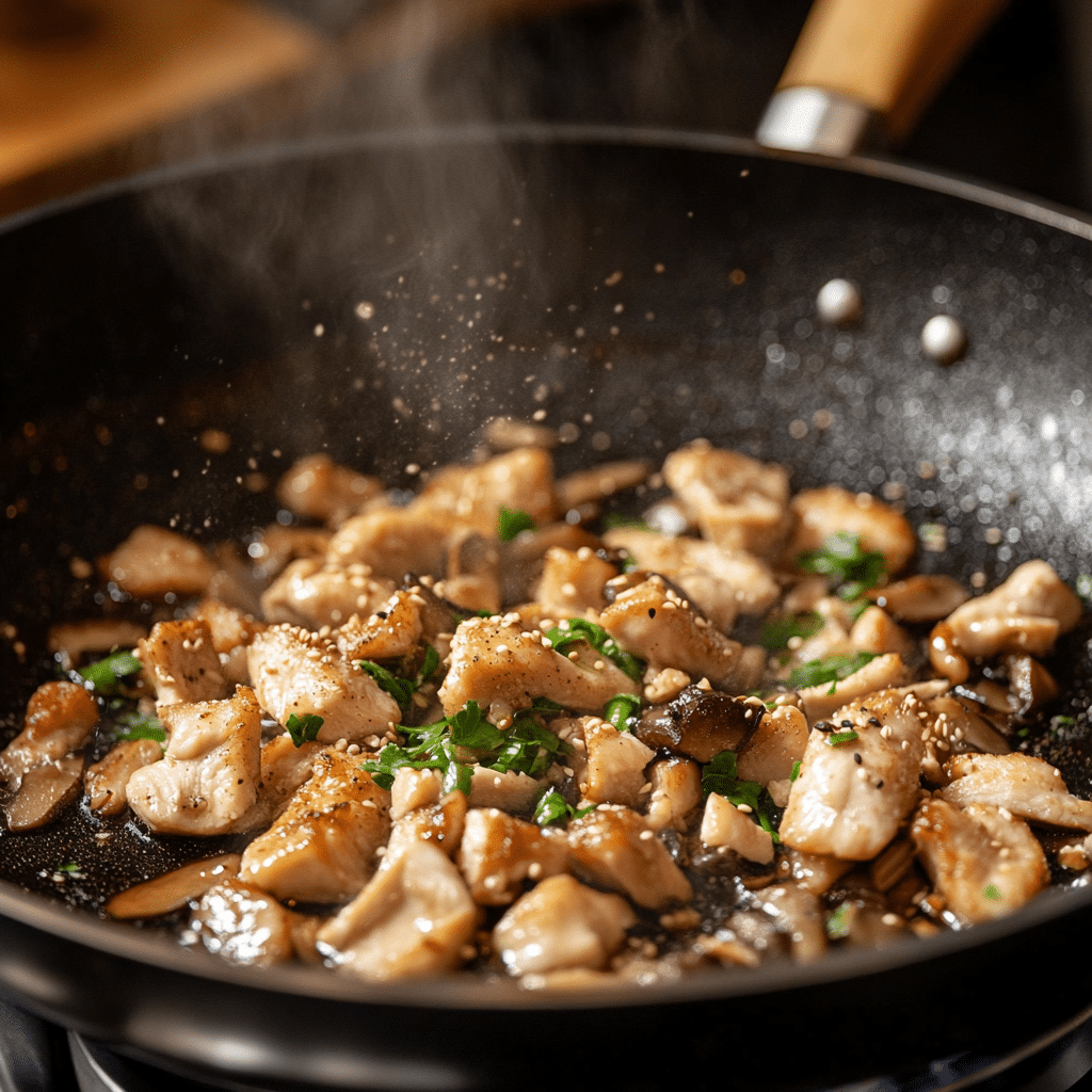 Cooking chicken and mushrooms for japanese mounjaro recipe with traditional technique