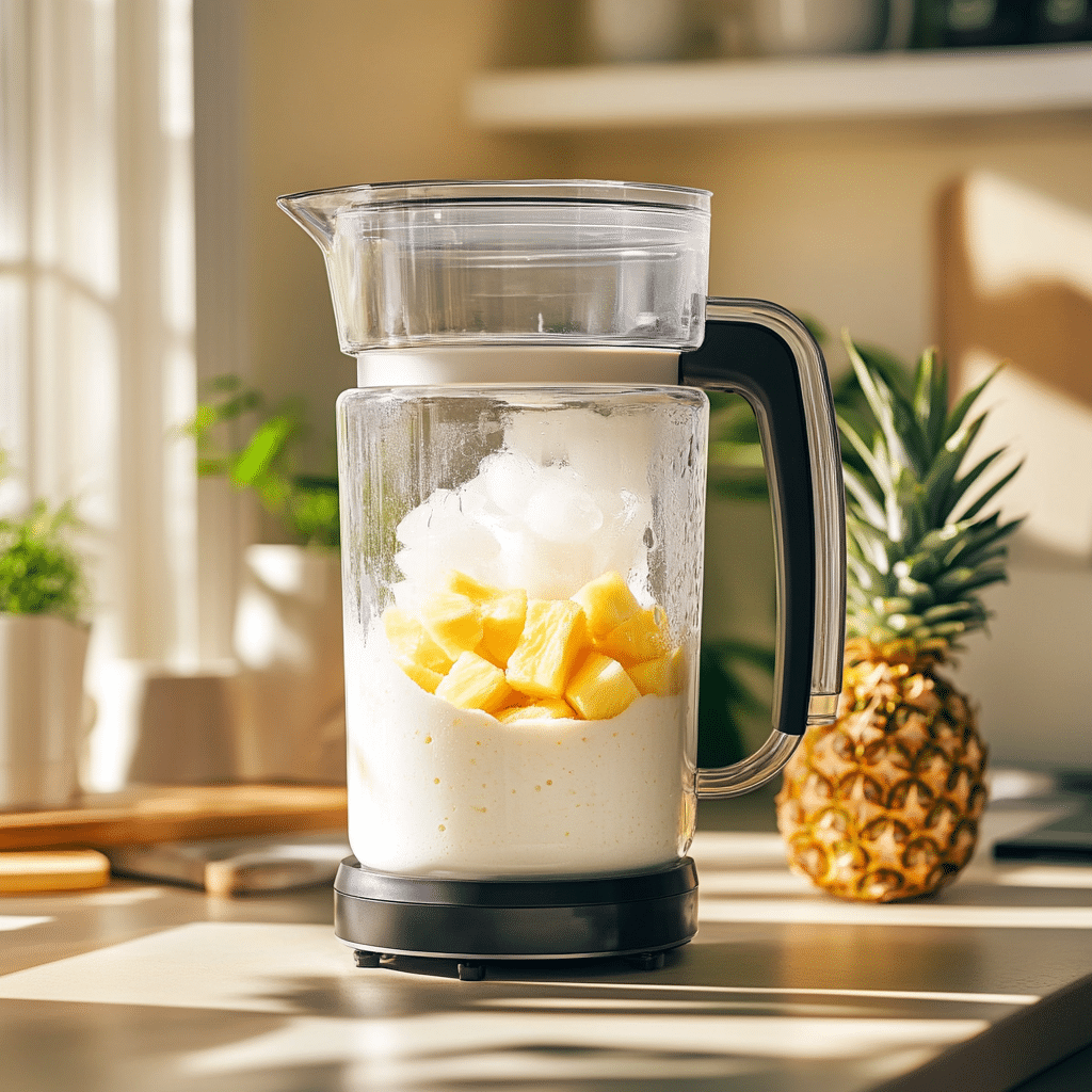 Blending virgin pina colada recipe ingredients until smooth and creamy