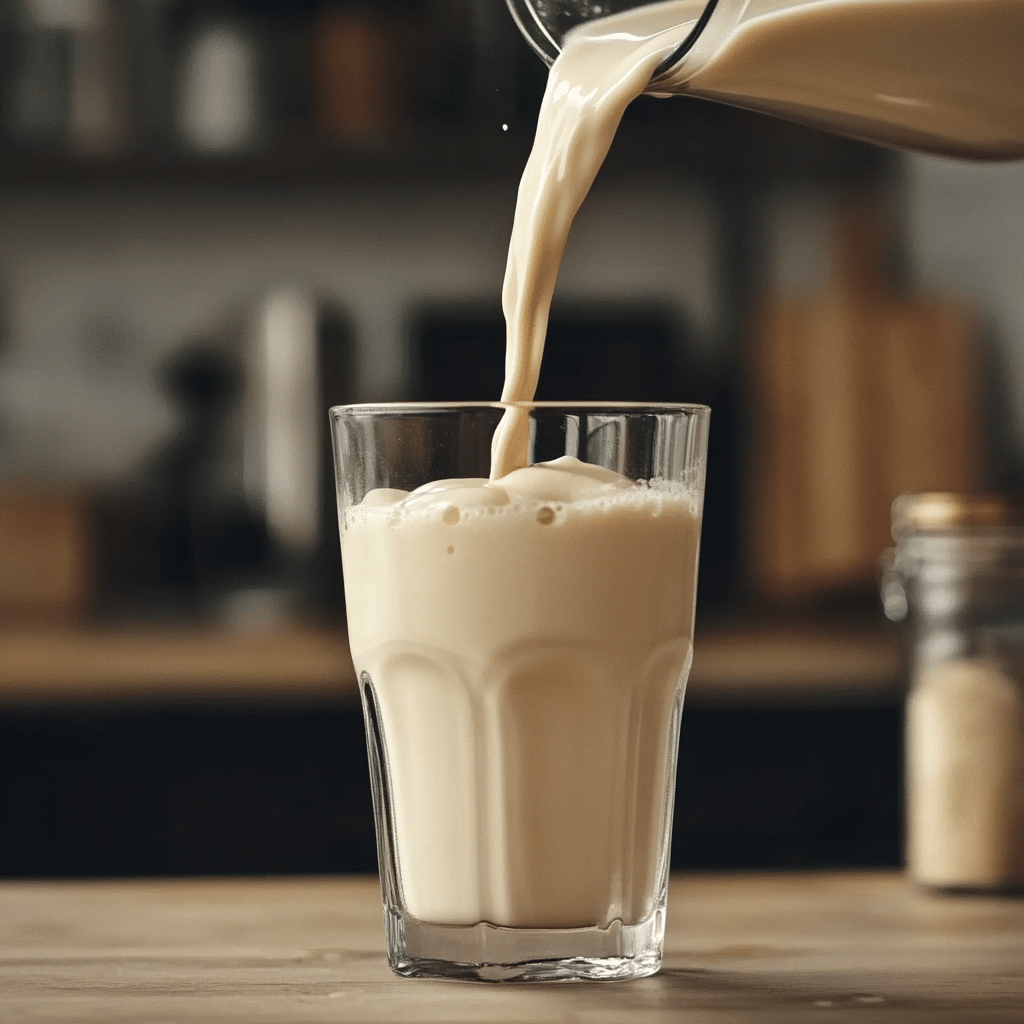 Pouring finished virgin pina colada recipe into glass with tropical garnishes
