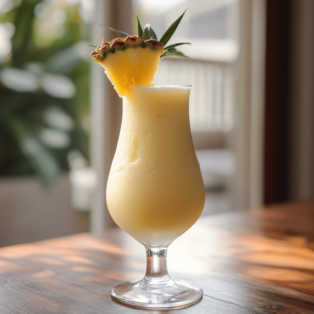 Finished virgin pina colada recipe on wooden table with natural lighting